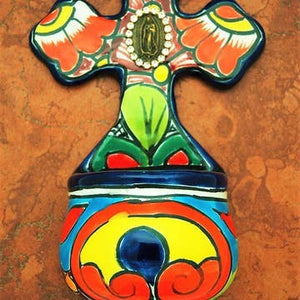 Mexican Talavera Holy Water Font With Our Lady of Guadalupe