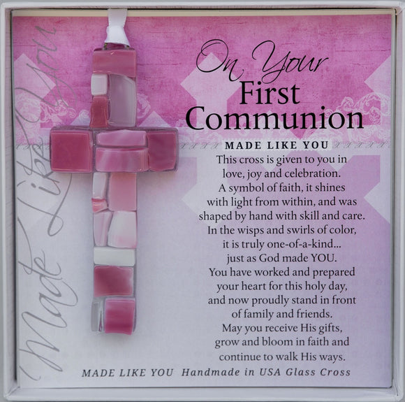 First Communion Cross: Handmade Glass - 3 Color Options